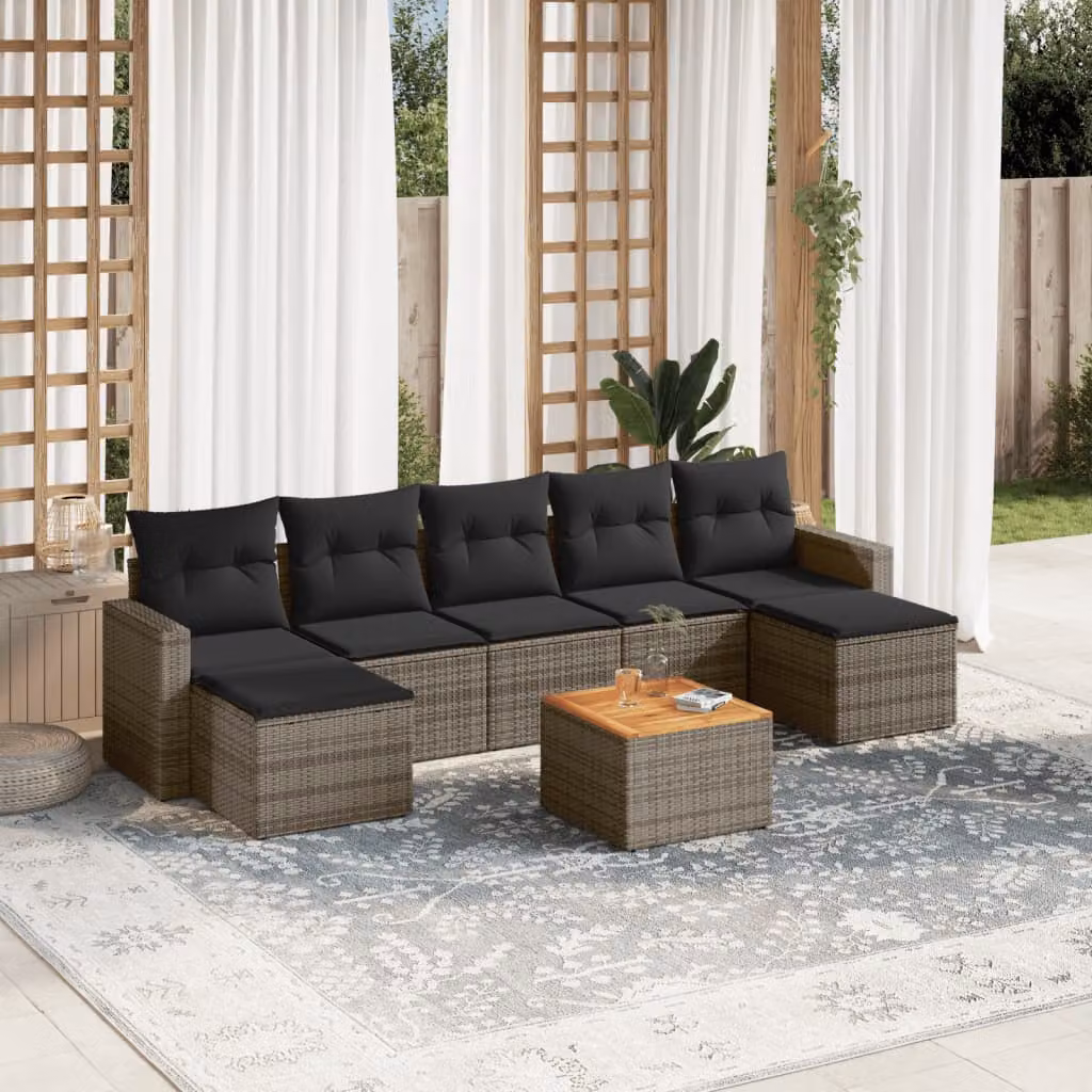 vidaXL Set Divano da Giardino 8 pz in Polyrattan Grigio con Cuscini Imbottiti e Tavolino – 1