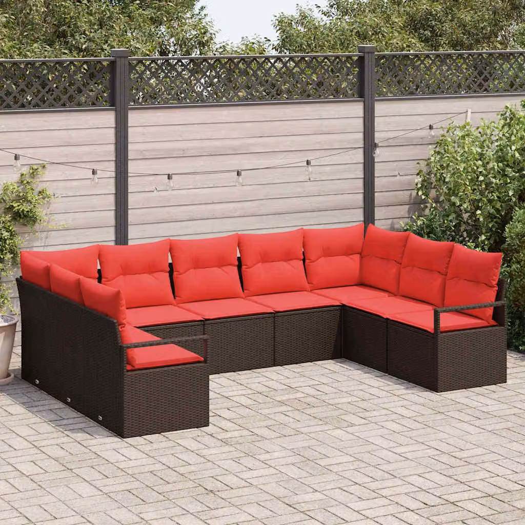 Maison Exclusive - Set di divani da giardino, 9 pezzi, color marrone e rosso, in rattan sintetico