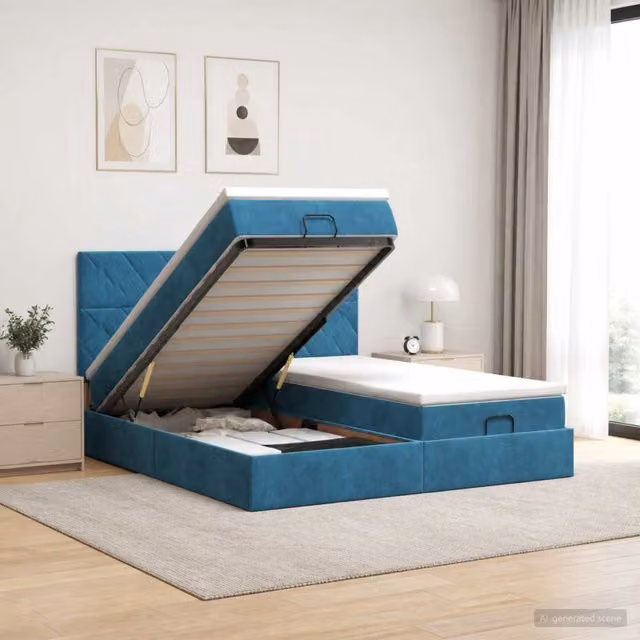 Letto ottomano con materasso ibrido vidaXL in velluto blu e bianco L/P/H: 203 x 180 x 88 cm