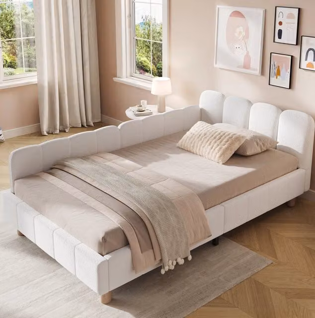 Letto singolo imbottito per bambini 90x200 cm con testiera e protezione anticaduta, gambe in legno massiccio bouclé beige