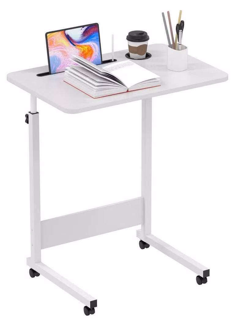 Tavolo per laptop con rotelle, dimensioni 60x40 cm, altezza regolabile da 69 a 90 cm, colore bianco, con fessura per tablet e portabicchieri
