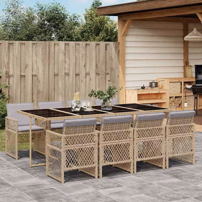 Set da pranzo da giardino vidaXL in polyrattan con cuscini beige e grigi e tavolo in vetro da 9 pezzi