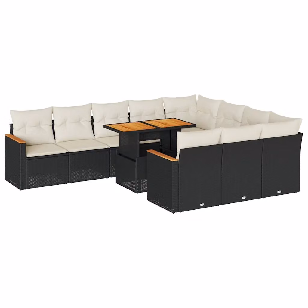Set di Divani da Giardino a L vidaXL in Polyrattan e Legno di Acacia Nero con Cuscini Bianchi e Tavolino da Esterno 11 Pezzi – 2