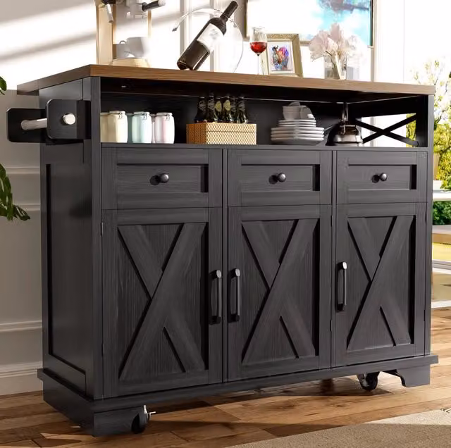 Isola cucina moderna nera con ruote 118×43-80×98 cm, piano in MDF effetto legno, carrello cucina con ampio spazio multifunzione e portasalviette