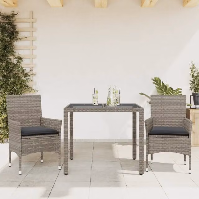 Set da Pranzo da Giardino 3pz con Cuscini in Polyrattan e Vetro 3278555