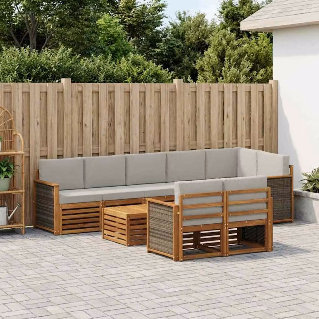 Set di divani da esterno vidaXL 8 pz a forma di L in legno di acacia con tavolo da caffè e cuscini, Naturale e Grigio Chiaro