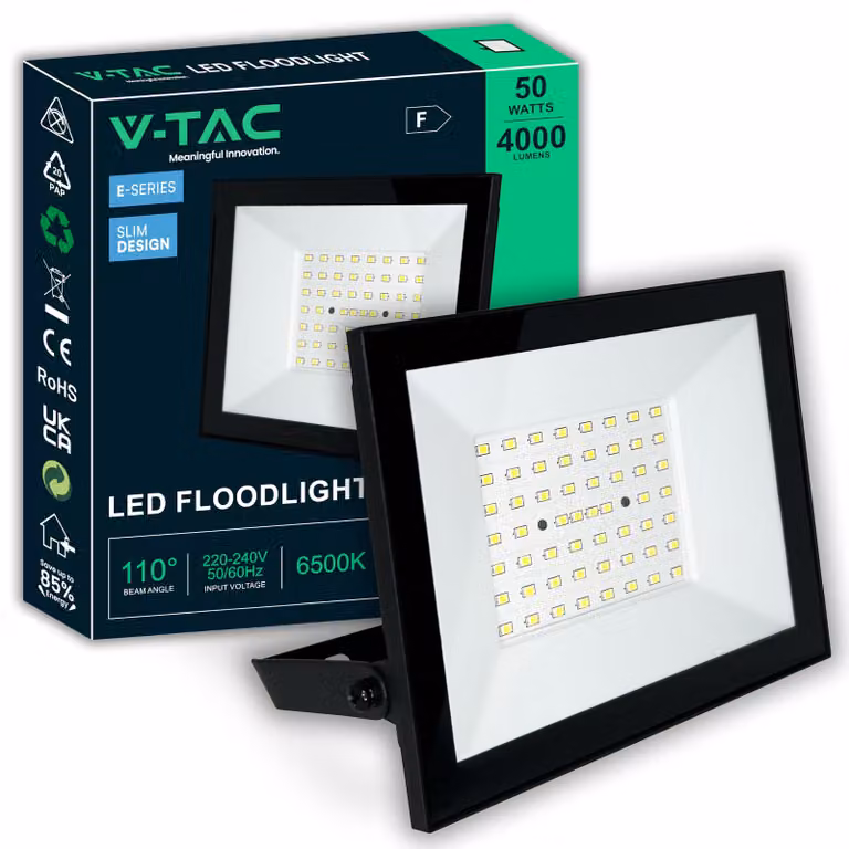 Proiettore LED V-TAC da esterno, 50W – [Serie E – Alta potenza, basso consumo] – Design super sottile – 4000 lumen – Grado di protezione IP65 – Faretto per casa, garage e magazzino – Lampada esterna da 50 watt – Bianco freddo 6500K