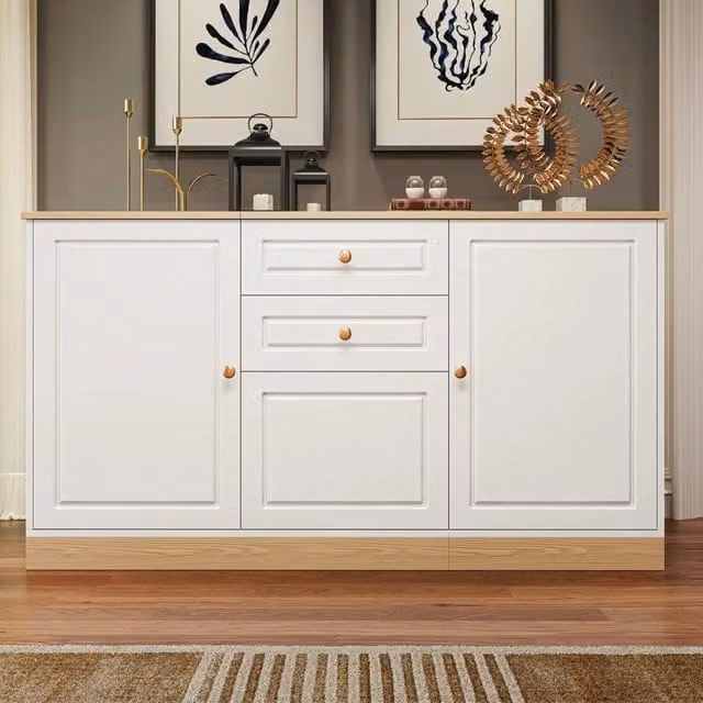Credenza moderna MIVRAY con 3 ante, 2 cassetti e ripiani regolabili in bianco e legno, L 135.5 x P 39 x H 76 cm – 1