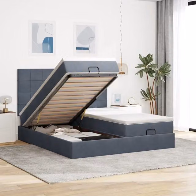 Letto con contenitore a sollevamento vidaXL in velluto grigio e bianco con porta USB e illuminazione sottostante L: 180 cm, P: 200 cm, H: 280 cm