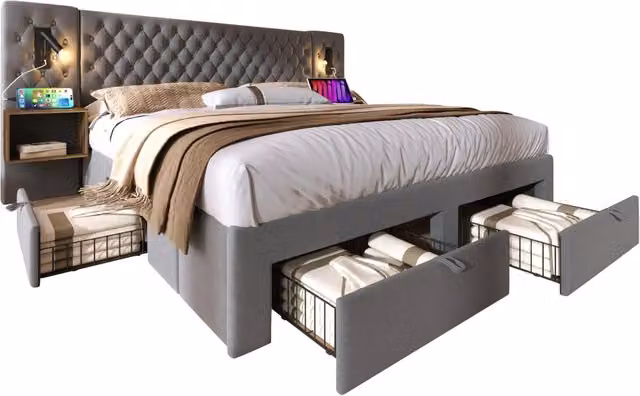 Letto Matrimoniale 180x200 in Velluto Grigio con 4 Cassetti; Comodini e Luci di Lettura