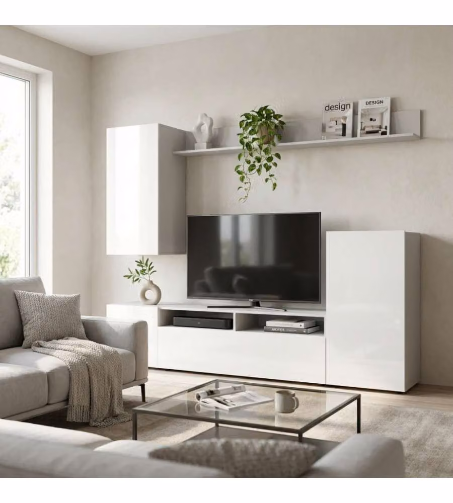 Cosma Mobile Parete per Soggiorno Bridge Bianco Lucido L: 210 cm, P: 36.5 cm, H: 170 cm