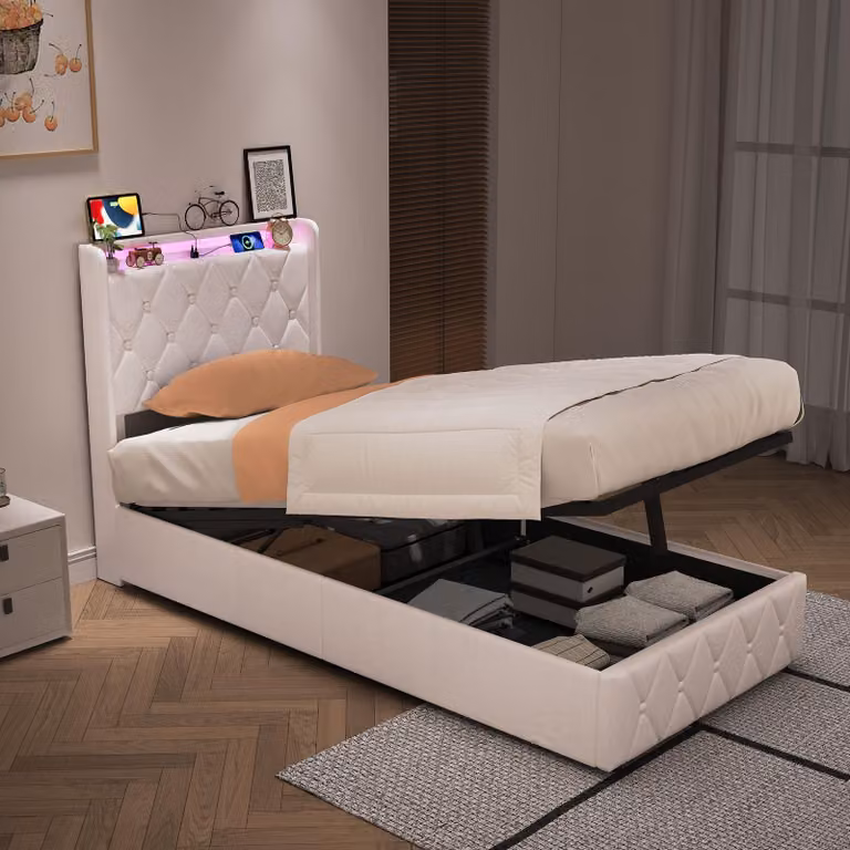 Letto imbottito UnboxG 90x200 cm con LED e USB, letto contenitore con testiera ribaltabile, letto box con sistema idraulico, in velluto, color beige