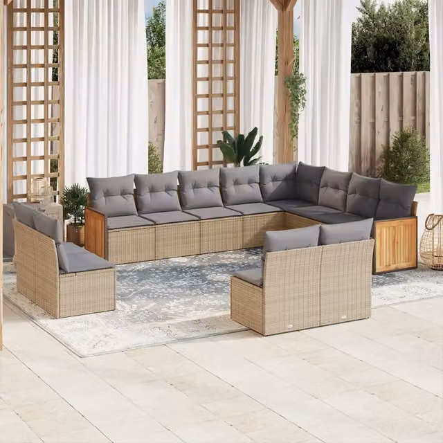 Set di divani da giardino vidaXL in rattan e legno di acacia con cuscini beige e grigi per esterno – 1