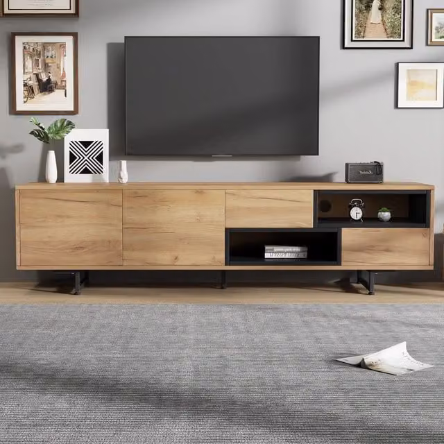 Mobile TV- basso- multistivaggio- legno- vani aperti a scala- per TV 70"- 173x38x48 cm