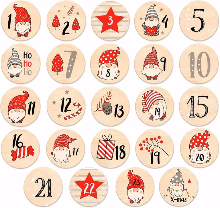 Calendario dell'Avvento con decorazioni in legno, 24 pezzi, con motivi di gnomi, ideali per progetti fai-da-te
