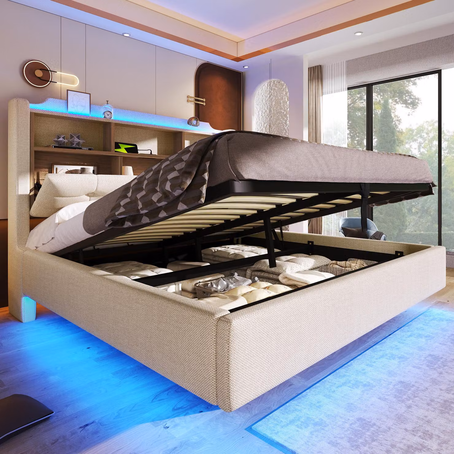 Letto imbottito idraulico Flieks 140x200cm con connessioni USB e tipo C, letto contenitore letto matrimoniale con led, biancheria da letto giovanile, beige