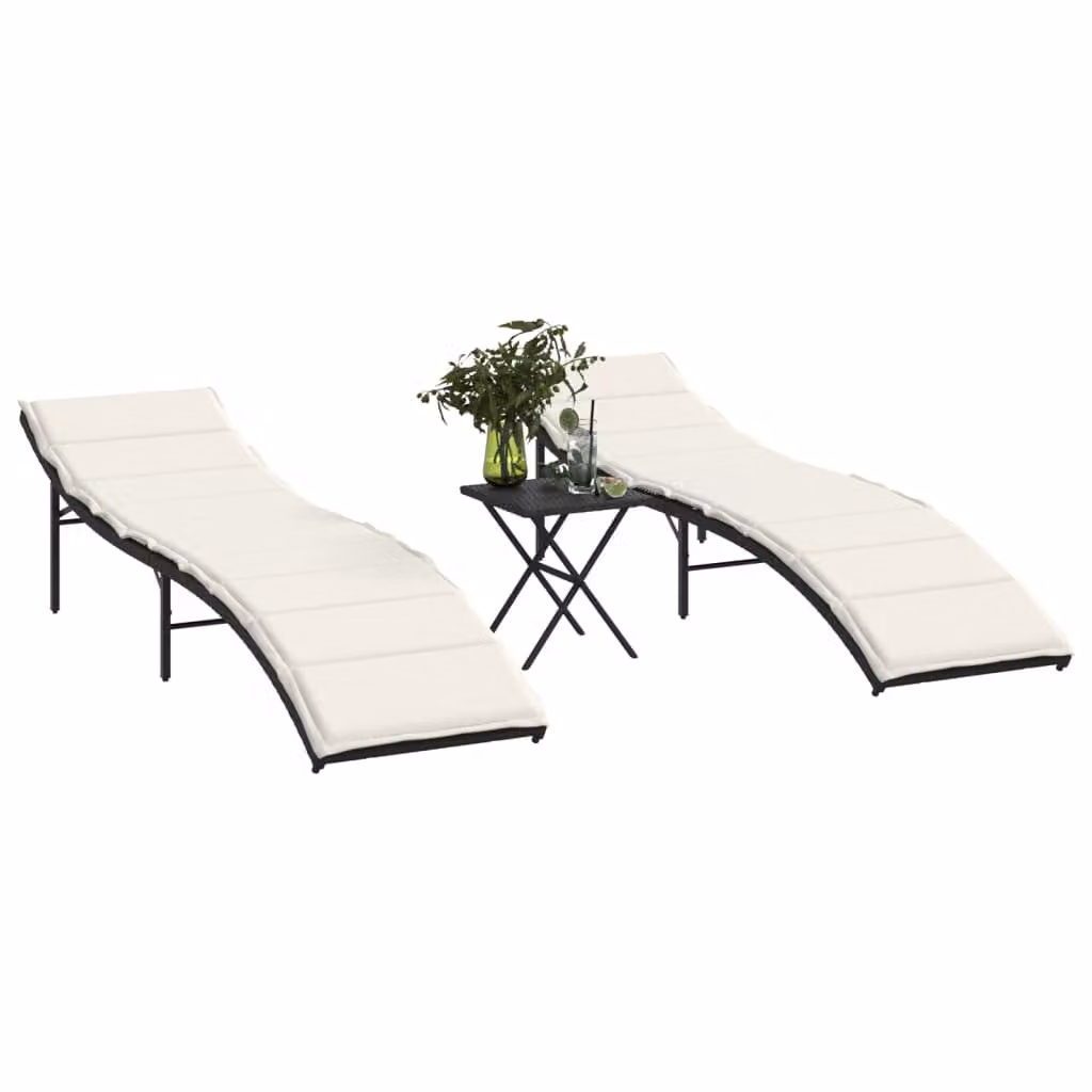Set di 2 lettini prendisole con tavolino vidaXL in polyrattan nero con poggiatesta regolabile e vassoio laterale