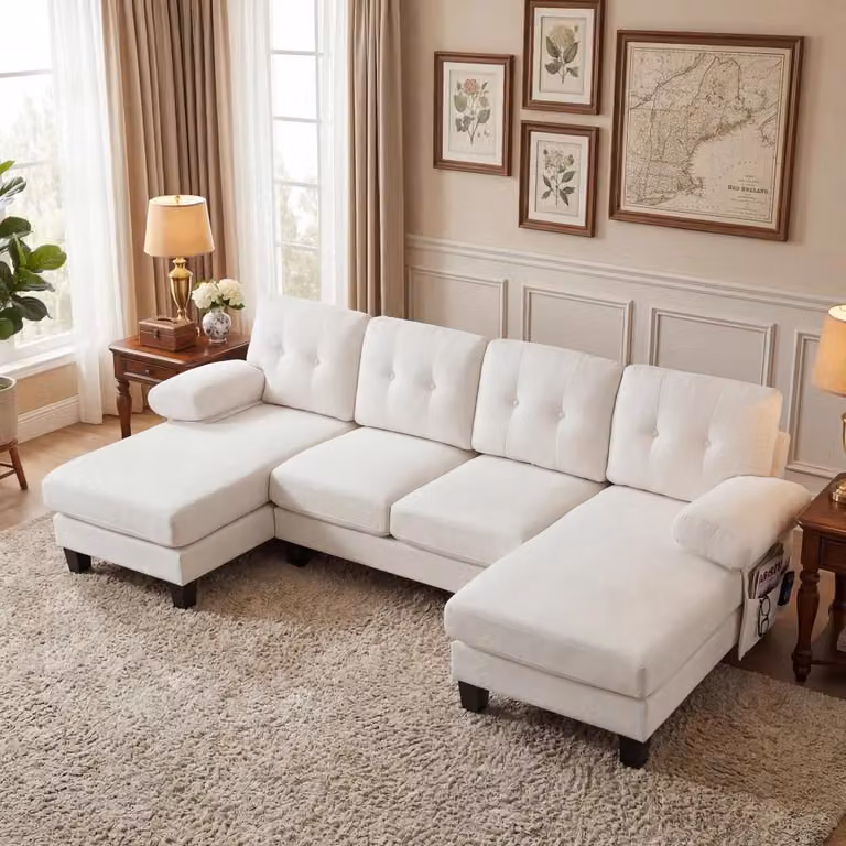 Divano angolare a forma di "U" con poltrona - 4 posti - Divano letto - Rivestimento in chenille - Schienale regolabile - Design moderno - Colore beige