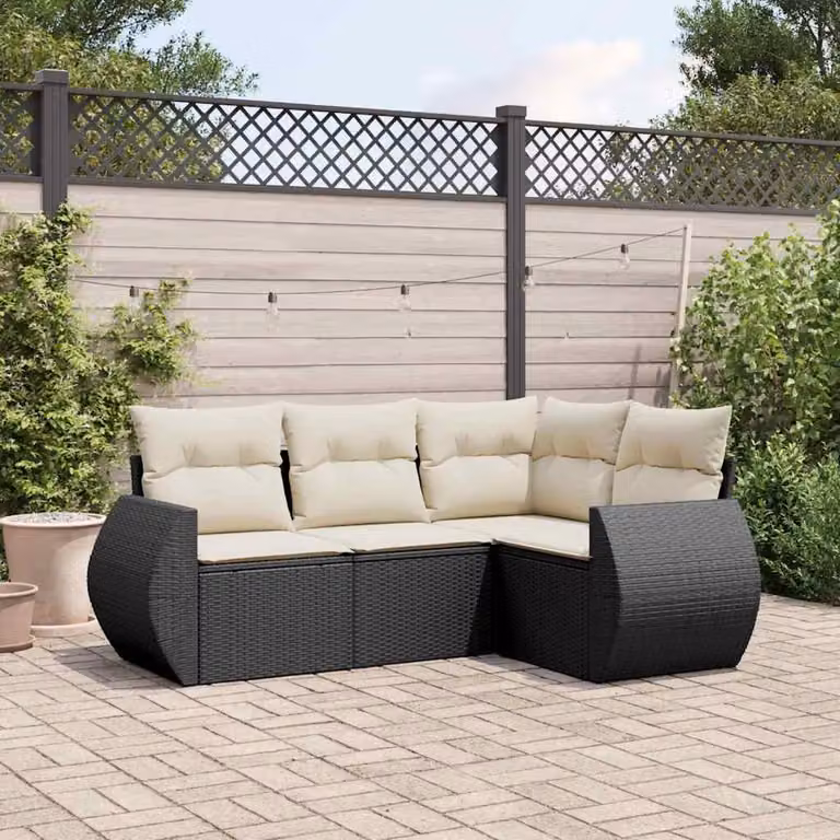 vidaXL Set Divani da Giardino a L 4 pz in Polyrattan Nero con Cuscini e Coperture Rimovibili