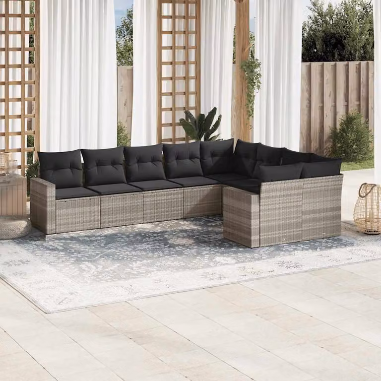 vidaXL Set Divano da Giardino a L 9pz con Cuscini Grigio Moderno in Polyrattan e Acciaio