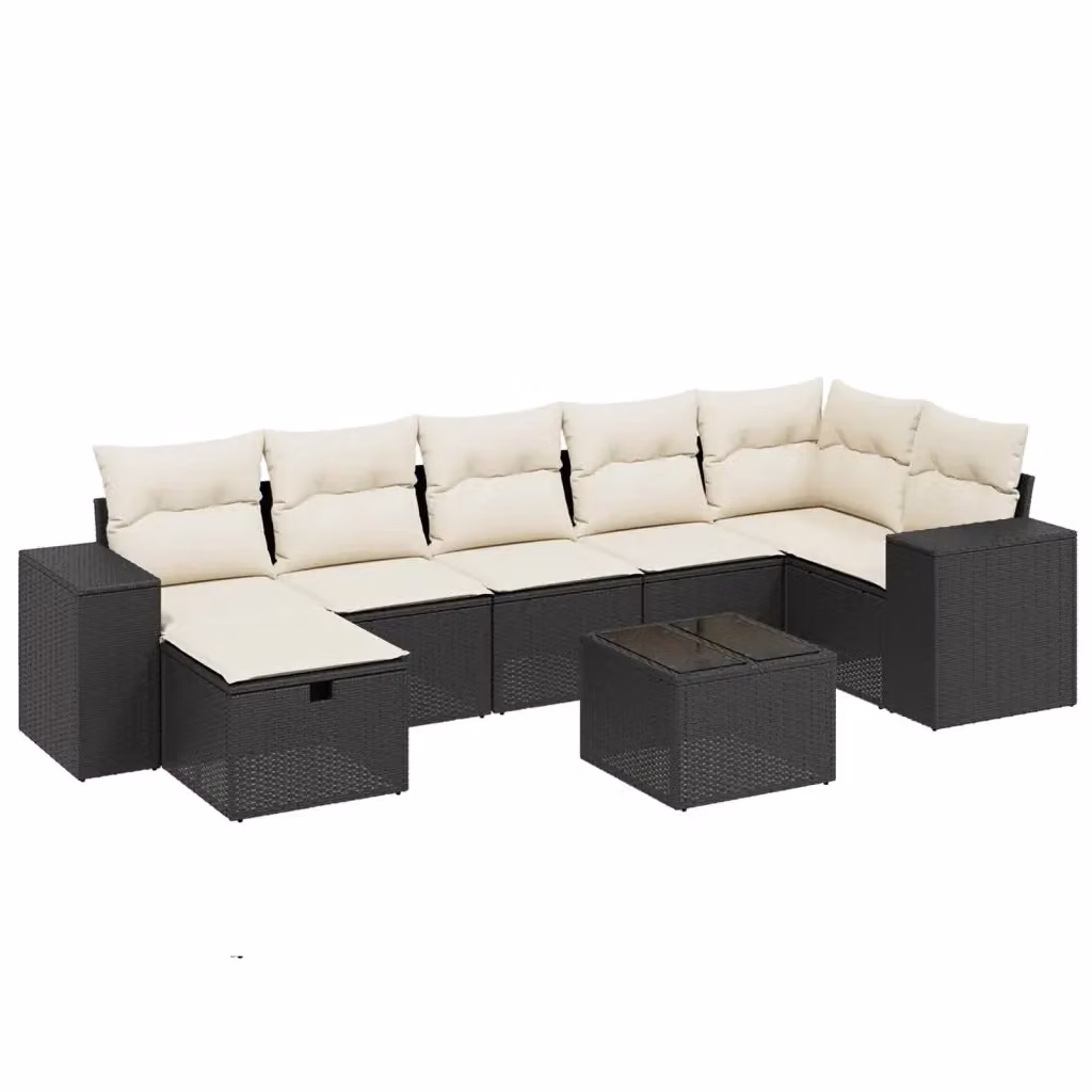vidaXL Set Divani da Giardino a L con Cuscini 8 pz Nero e Bianco in Polyrattan con Tavolino e Ottoman – 2