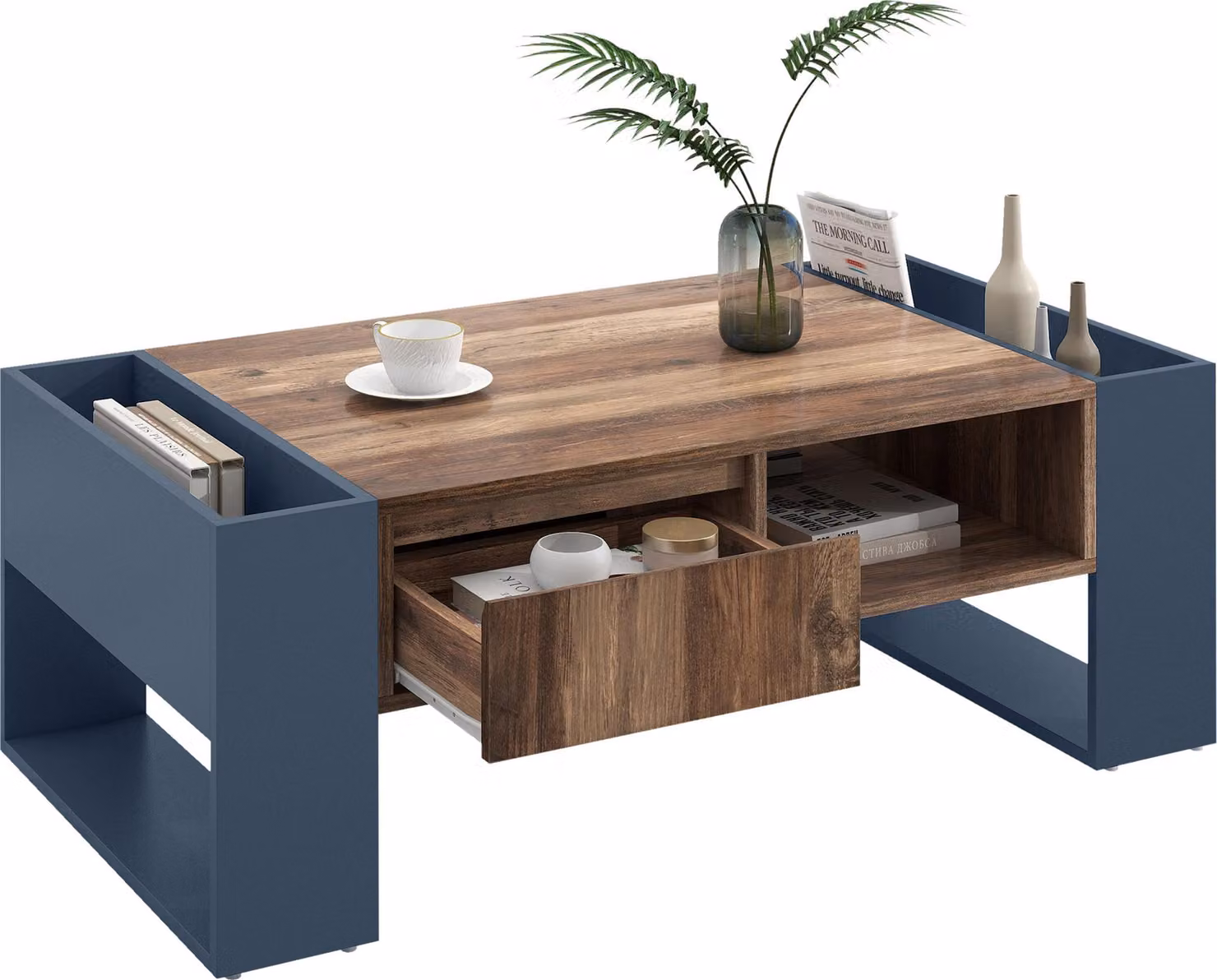 Tavolino Sweiko con venature del legno, con un cassetto senza maniglie, un vano portaoggetti e un vano portaoggetti posteriore, spazio di archiviazione su entrambi i lati. Con vani portaoggetti su entrambi i lati. Tavolino da salotto, ampio spazio di arch