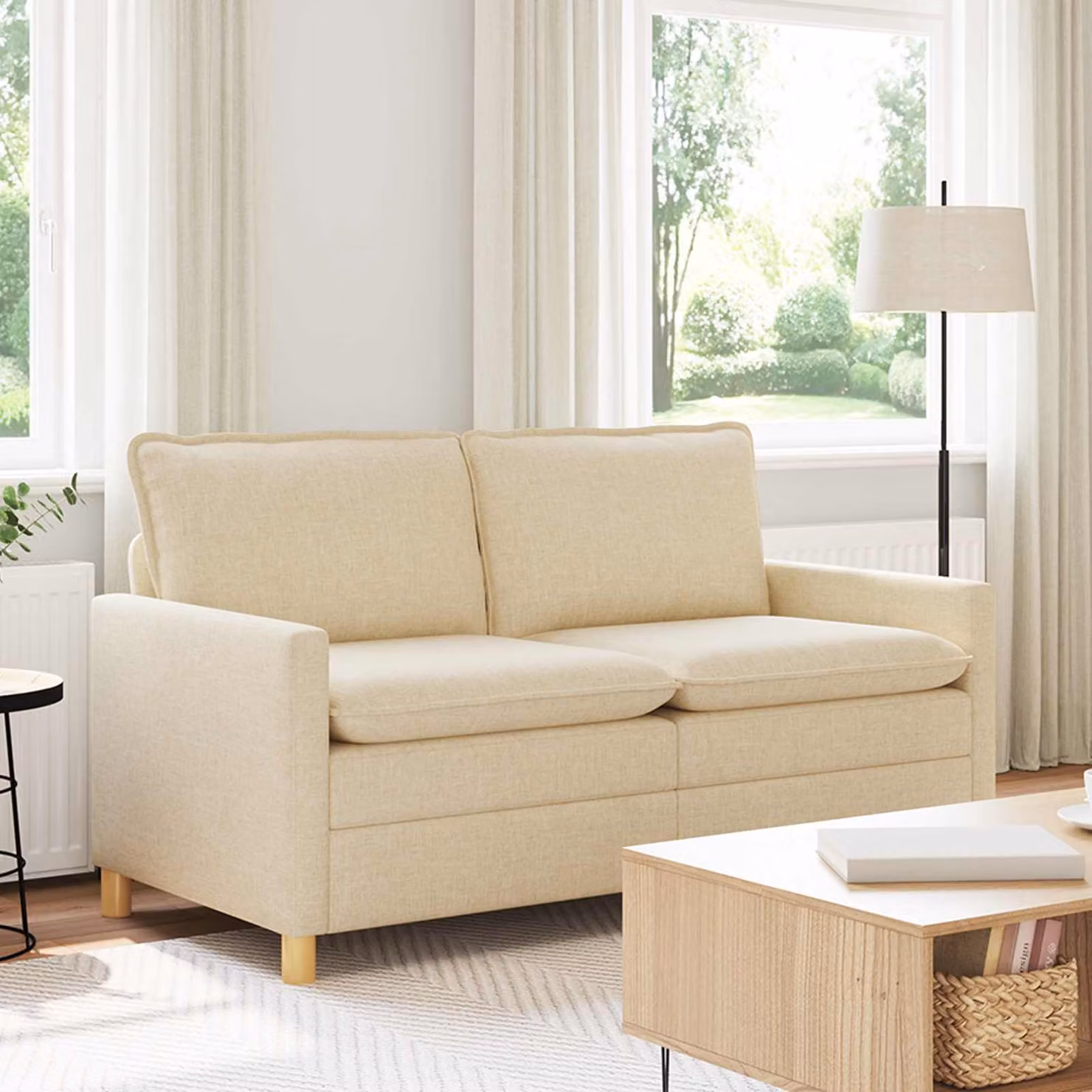 Divano 2 posti vidaXL in tessuto beige con struttura in metallo L: 156 cm, P: 81 cm, H: 87,5 cm