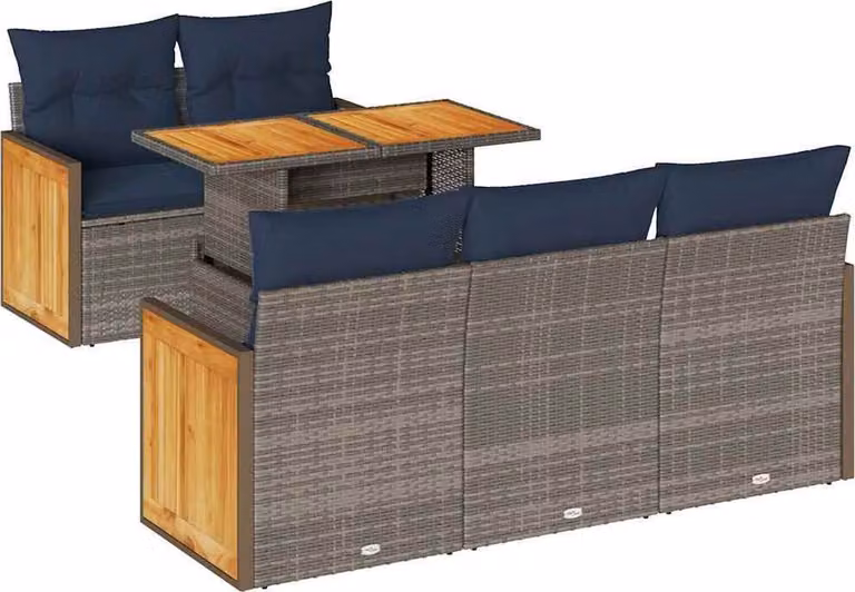 Set Divano da Giardino 6pz con Cuscini Grigio Polyrattan Acacia