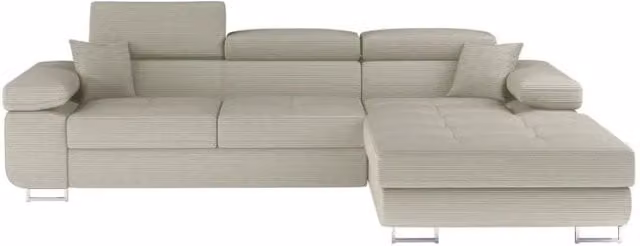 Divano ad angolo convertibile AMANDA MEUBLORAMA beige in velluto a coste con contenitore e poggiatesta regolabile