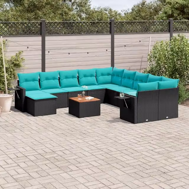 Set di Divani da Giardino a Forma di U vidaXL in Polyrattan con Cuscini e Tavolino, Colore Turchese e Nero – 1