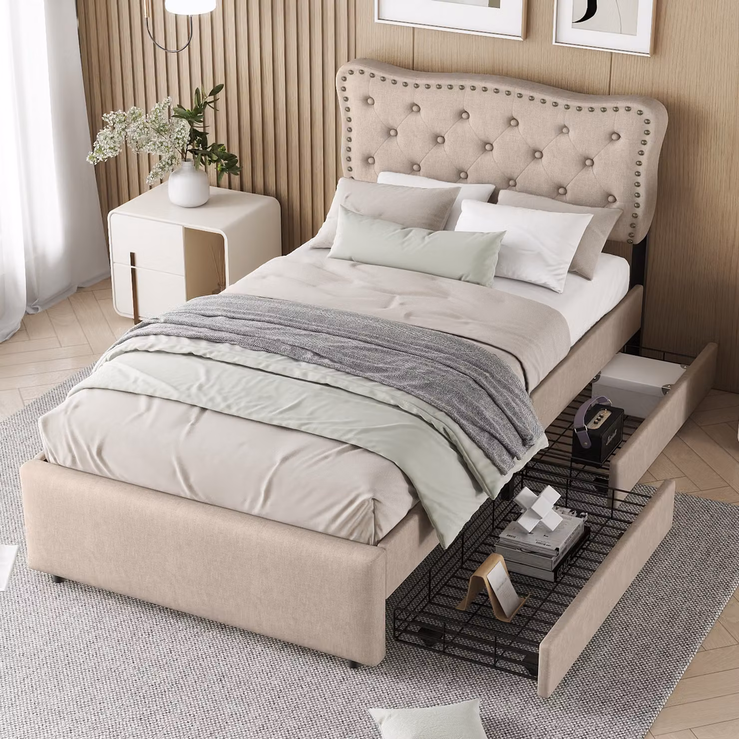 Letto imbottito Okwish 90 x 200 cm con 2 cassetti, testata ondulata con chiodi, beige scuro