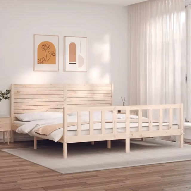 Letto Super King Size con Testiera in Legno Massello di Pino vidaXL, Stile Rustico, Beige, L/P/H: 180 x 200 x 100 cm