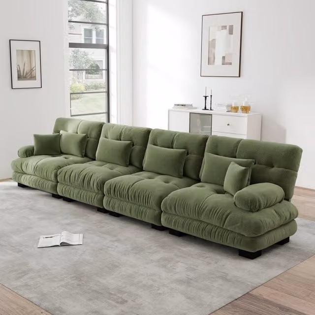 Divano Angolare Modulare 4 Posti Minimal in Chenille Verde con Funzione Letto ed Estrattore