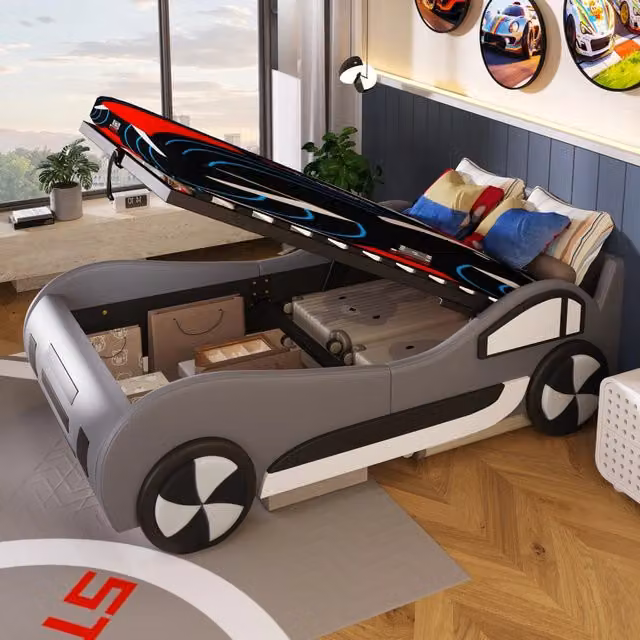 Letto a forma di auto per bambini, 90x200 cm, grigio, in MDF e PU, con contenitore idraulico sotto il letto e rete a doghe, senza materasso