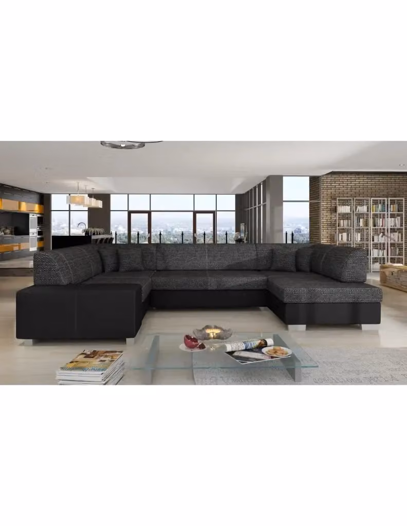 Divano panoramico a U HAVANE MEUBLORAMA convertibile per 6 persone, Grigio scuro e Nero, con cuscini e funzione letto, L: 322 cm, P: 176 cm, H: 72 cm – 2