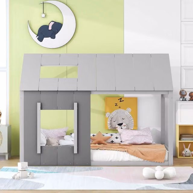 Letto a casetta per bambini 90 x 200 cm; letto singolo basso con tetto e finestra; struttura in pino e MDF grigia