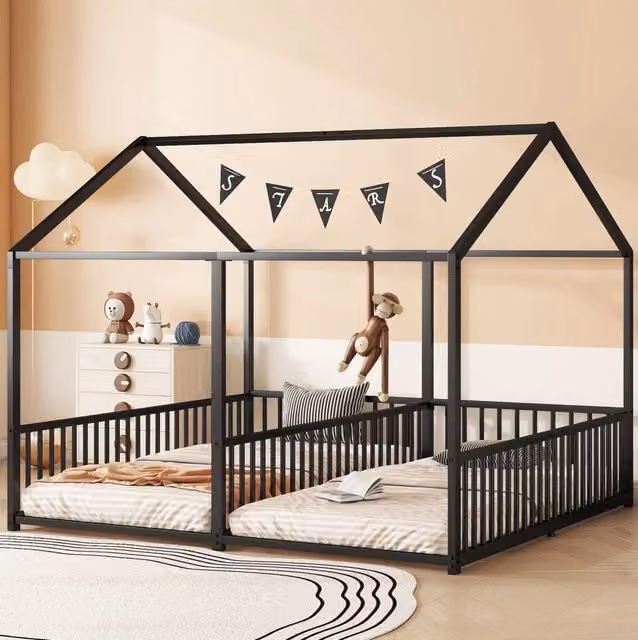 Letto per bambini 90x200 cm con scala e sponde a forma di casetta in metallo