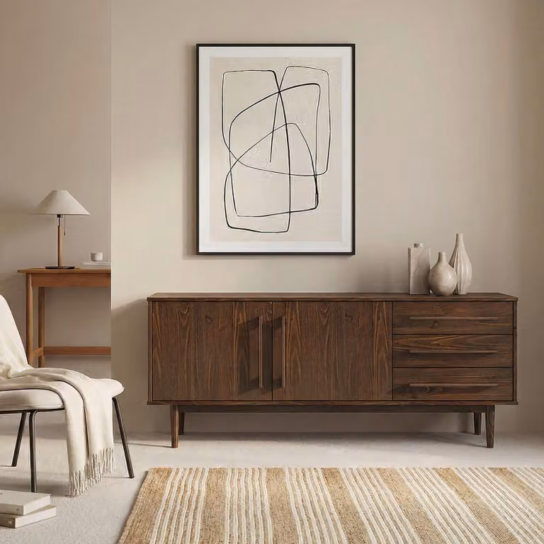 Credenza TECCA con 2 ante e 3 cassetti, color noce – Comò in legno massello, ripiano regolabile, mobili da soggiorno in stile Mid-Century