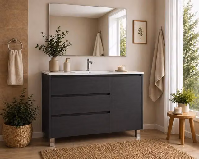 Mobile Bagno VOLUM Già Montato 3 cassetti e porta, lavabo e specchio Grafite 120x45 cm