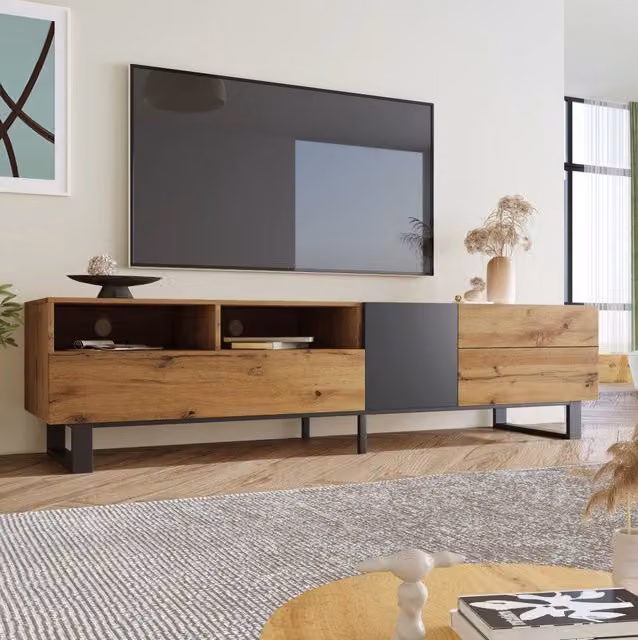 Mobile TV 180x38x50 cm rovere e antracite in MDF con 2 cassetti e 2 ante