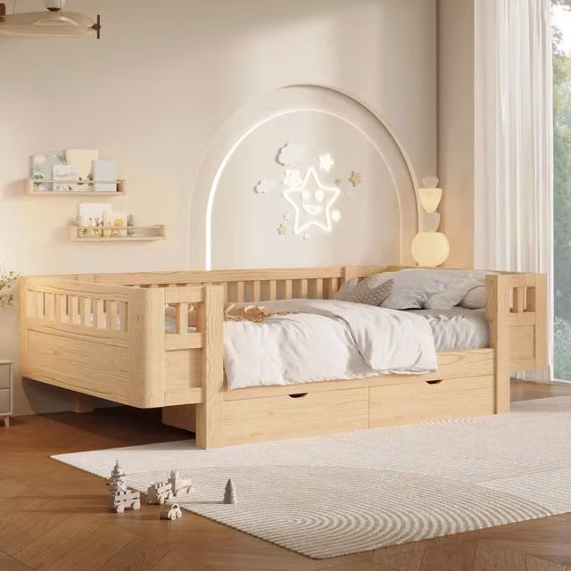 Letto 90x200 cm con sponde di protezione e due cassetti; colore naturale