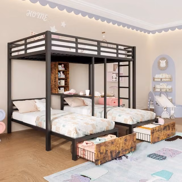 Letto a castello 140x200 cm + 90x200 cm, 3 posti letto, con sponde laterali, vani contenitore, 2 cassetti, ripiani, senza materasso - Nero