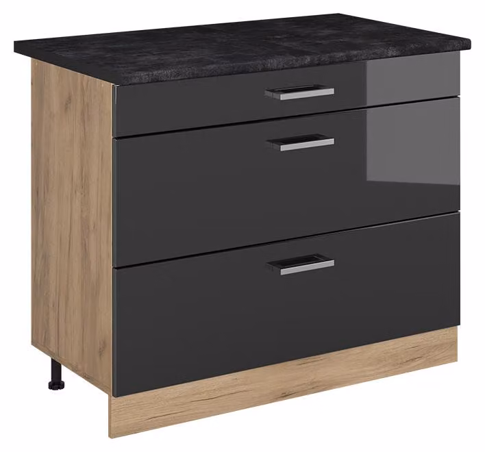 Mobiletto base per cucina Vicco R-Line Antracite lucido/Rovere dorato 100 cm piano di lavoro Antracite, Model 71606
