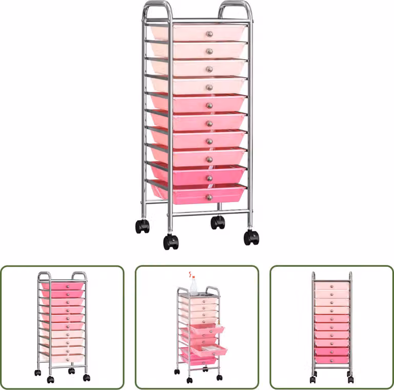 The Living Store Carrello a cassetti con 10 cassetti Plastica rosa Ombre