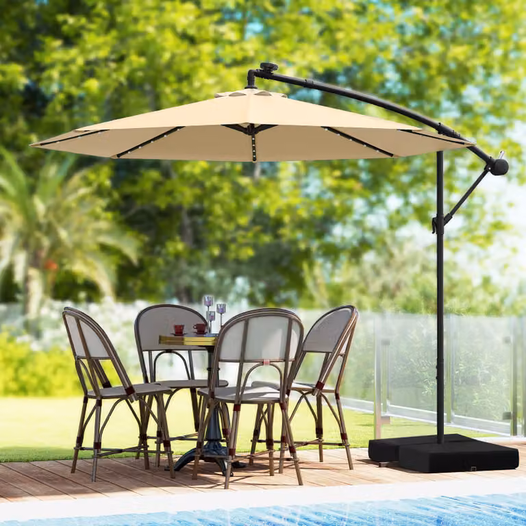Ombrellone pendente da esterno Costway con 32 luci LED e pannello solare, Beige, Diametro: 350 cm