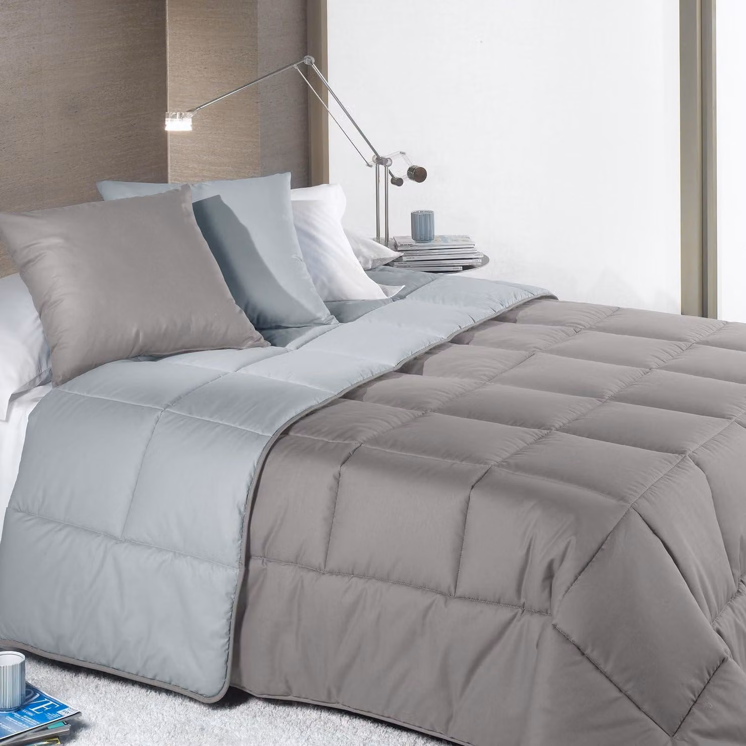 Letto singolo imbottito, colore grigio, 100% cotone, confezione singola