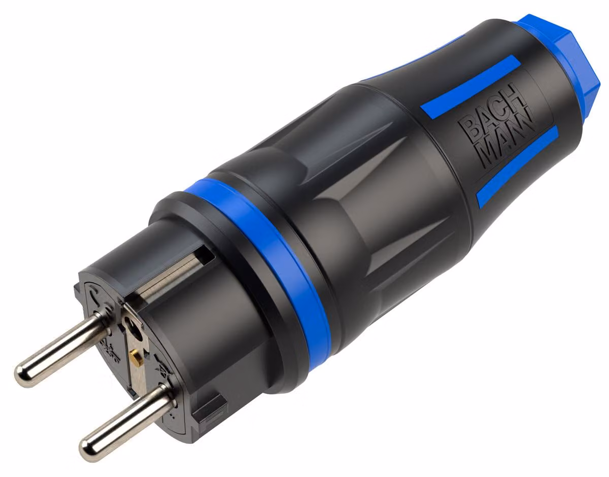 Spina di sicurezza professionale BACHMANN CEE7/7, gommata, IP54, nera/blu