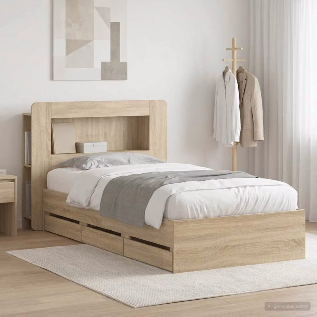 Struttura letto con contenitore e testata vidaXL in legno Rovere Sonoma marrone, L 140 x P 200 cm