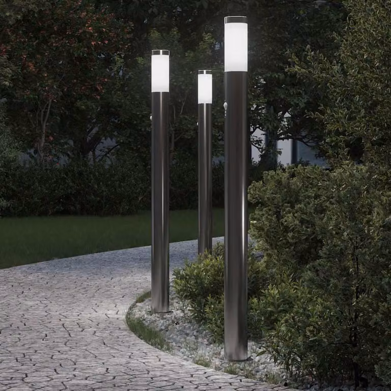 Set di 3 lampioni a paletto vidaXL in acciaio inox color argento con sensore di movimento IP44, Altezza: 110 cm