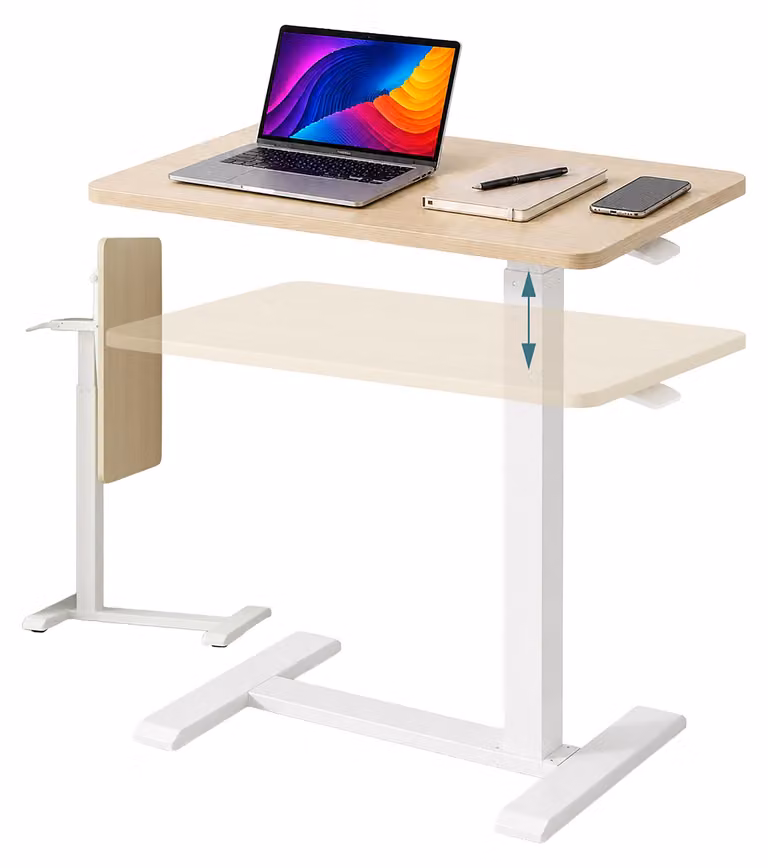 Panca scrivania regolabile in altezza da 66 a 100,5 cm, con rotelle nascoste, piano scrivania pieghevole a forma di C, bianco/naturale
